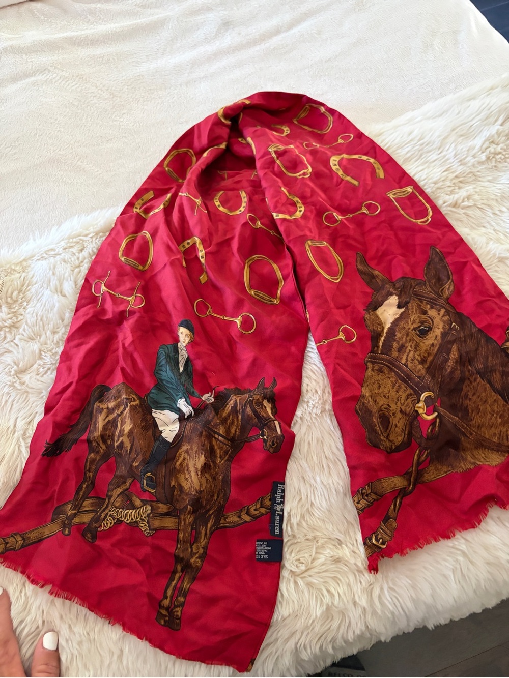 Equestrian Print Red Silk Scarf by Ralph Lauren Vintage ascot - Picture 3 of 14